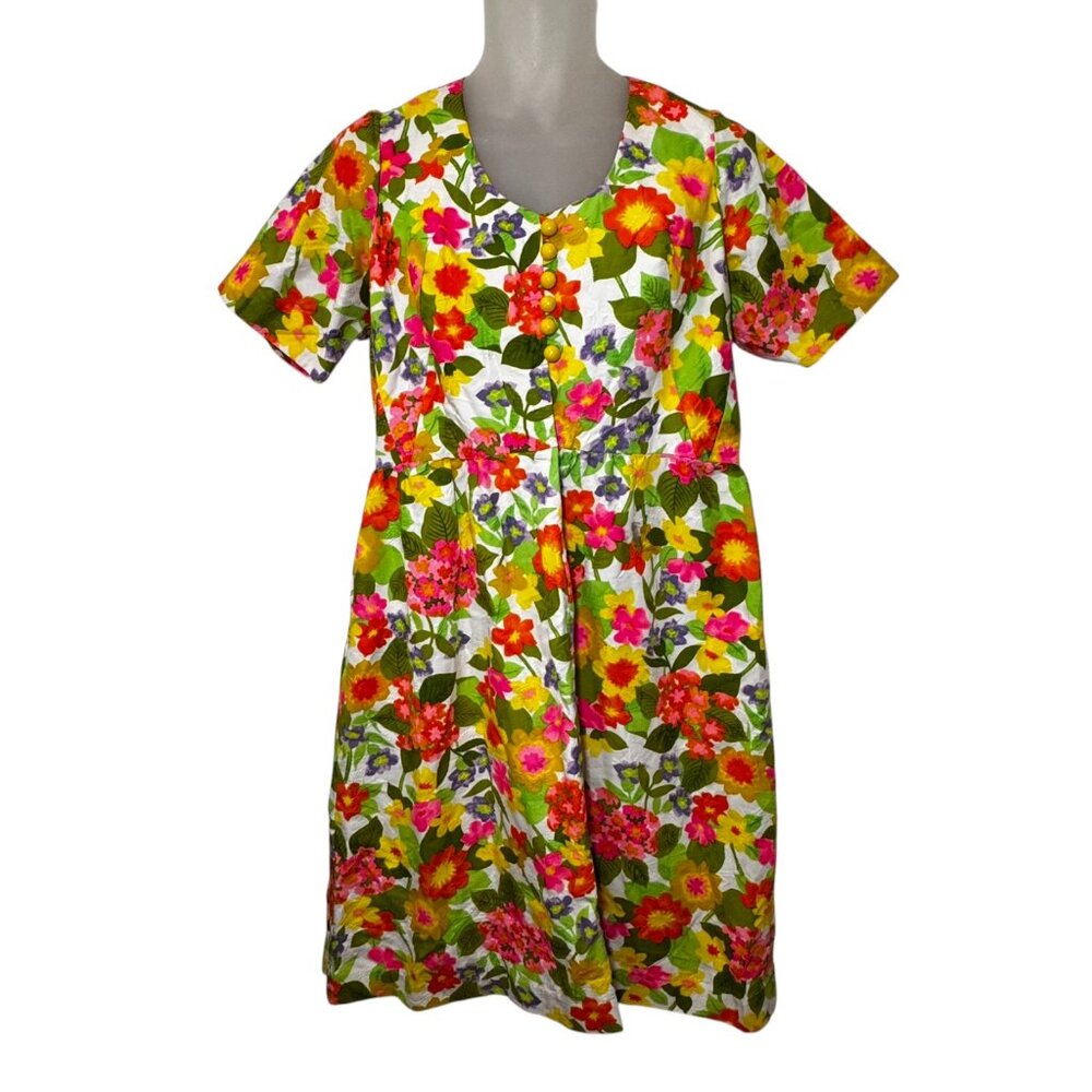 Vintage Ala Casa‎ by Eddy George Floral Dress Yellow Buttons 60's Cottagecore L